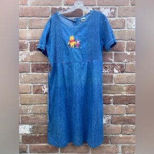 Disney Vintage denim dress. Winnie the Pooh and Piglet embroided + Eeyore plush